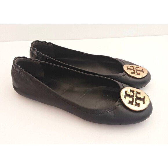 Tory Burch Minnie Ballet Flat Blk Leather Gold Logo Flexible Sole 8.5M - Picture 3 of 10
